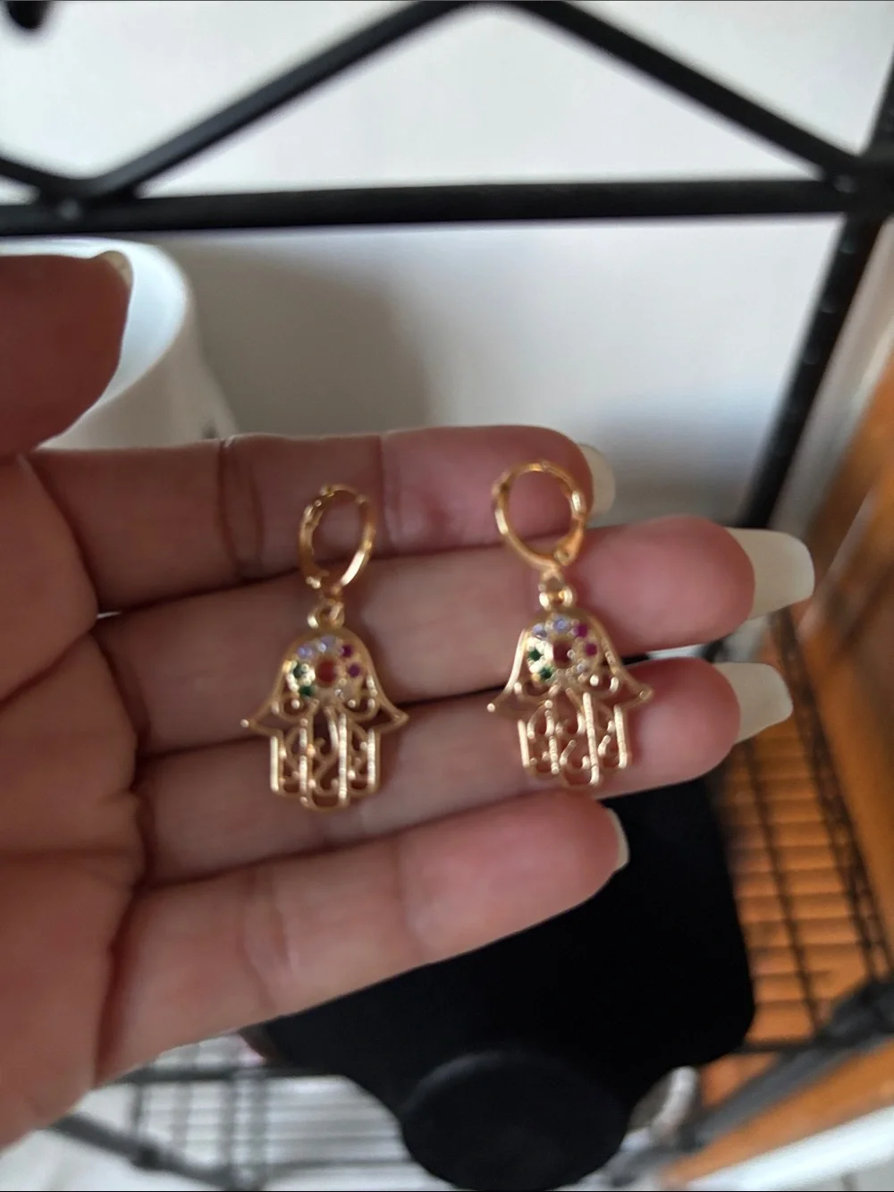 Gold Hamsa Drop Earrings with Multicolor Stones